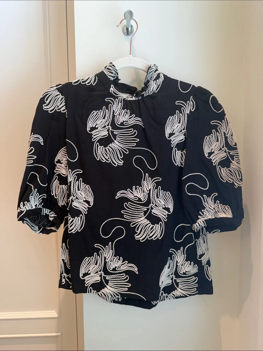 Zara Black Top with White Abstract Floral Embroidery
